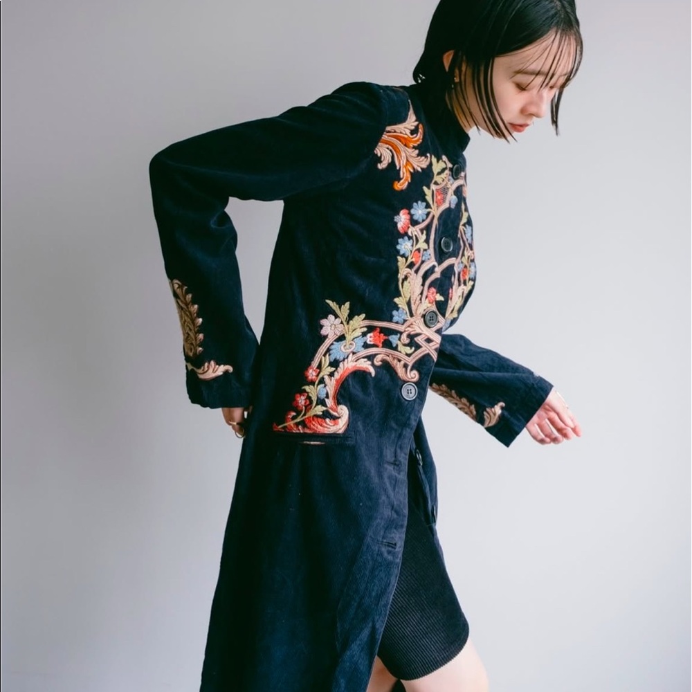 Johnny Was Corduroy Embroidered Navy Blue Long Coat  size S/M - Picture 2 of 12